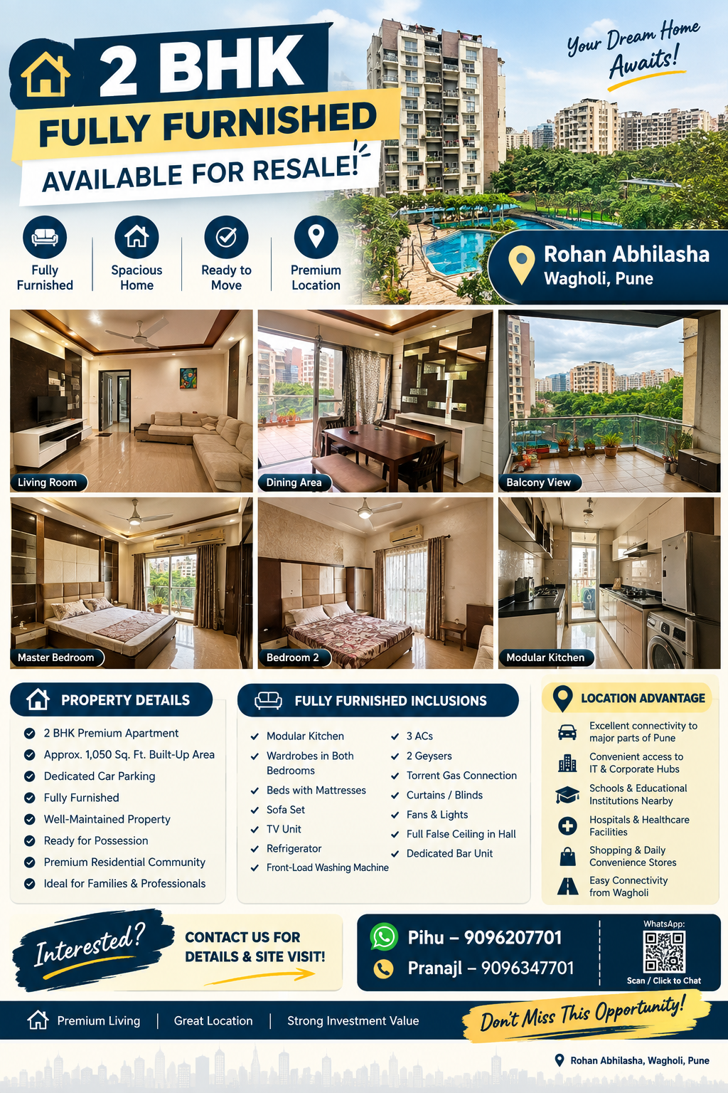 Apartment for Sale🚨 2 BHK FULLY FURNISHED AVAILABLE FOR RESALE! 🚨 🏠 Fully Furnished | Spacious | Ready to Move | Premium Location 📍 Rohan Abhilasha, Wagholi, Pune - Image 1