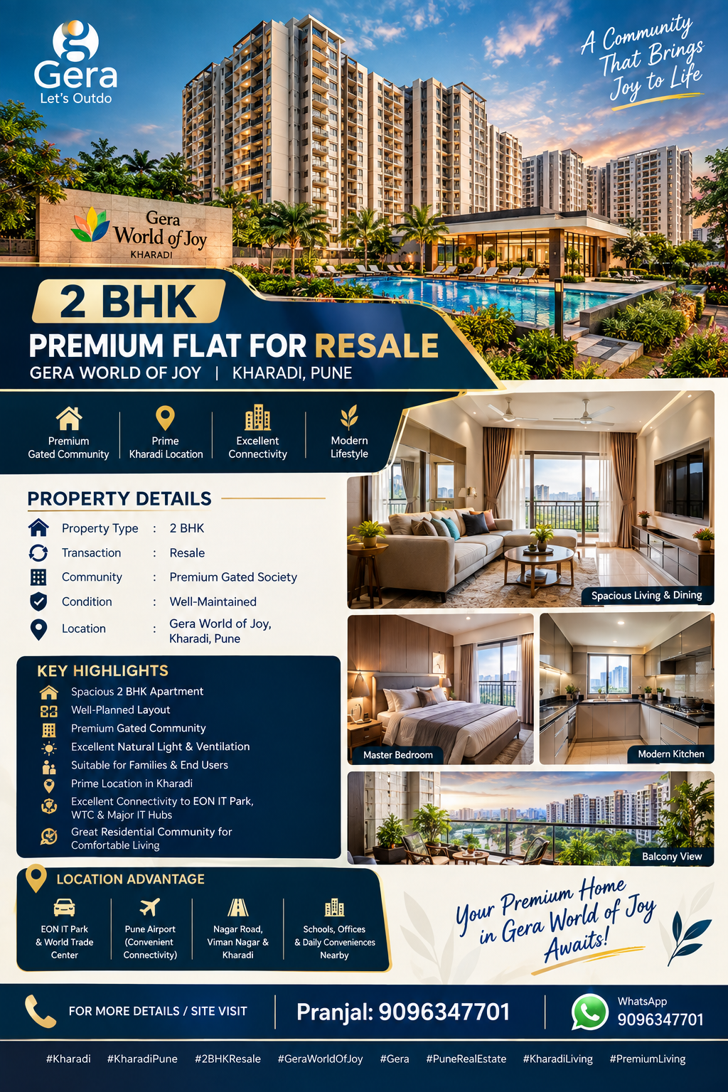 ๐ก 2 BHK PREMIUM FLAT FOR RESALE โ KHARADI, PUNE ๐ Location: Gera World of Joy, Kharadi, Pune - Image 1